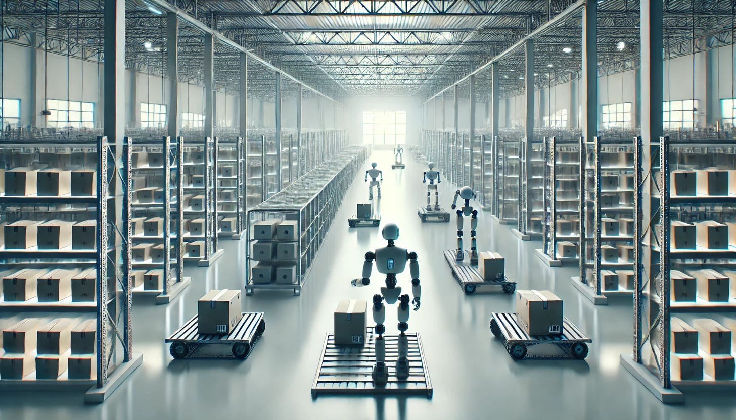 A conceptual and minimalist image of robots working in an e-commerce distribution center, reminiscent of a large online retail warehouse. The scene is set in a high-tech, organized environment with rows of shelves filled with packages. The robots are depicted as simple yet modern designs, moving autonomously along designated paths. The lighting is clean and bright, highlighting the efficiency and futuristic nature of the space. The color palette is primarily neutral with hints of metallic tones, emphasizing the sleek and efficient atmosphere. The image has a resolution of 8K, with a format of 16:9.