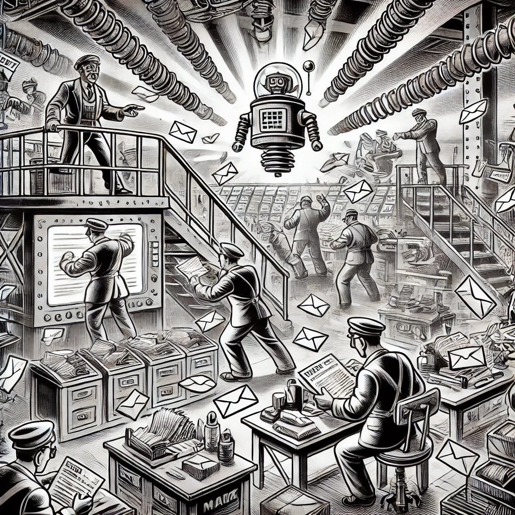 A black and white cartoon-style image with a vintage newspaper feel, depicting a hectic, chaotic old-school mail room. The scene is busy, with exaggerated action, letters flying around, and pneumatic tubes running everywhere. The room is filled with cartoonish workers handling the mail in a frenzy, dressed in typical 1930s-1940s attire. In the background, there's a screen like in a mission control room, displaying a robot head, adding a sci-fi element to the otherwise vintage setting. The overall image has a lively and animated vibe, with a more exaggerated, cartoonish style to capture the chaos.