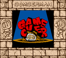 A screenshot of Bomberman GB's Game Over screen, featuring Indy Bomber crushed and dizzied by the actual words "Game Over," as if they had fallen on him as part of a trap in a ruin he was exploring. It's fully colorized, with a border that looks like carvings in a stone temple, as this screenshot is from the Super Game Boy version of the game.