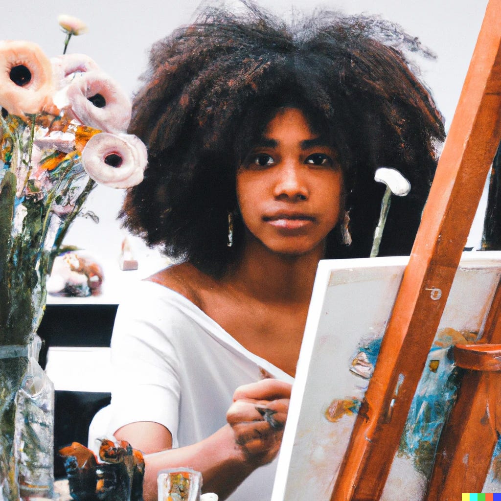 An AI-generated image of a Black woman in front of a easel with paint, brushes, and other painting equipment creating a painting of a floral landscape.
