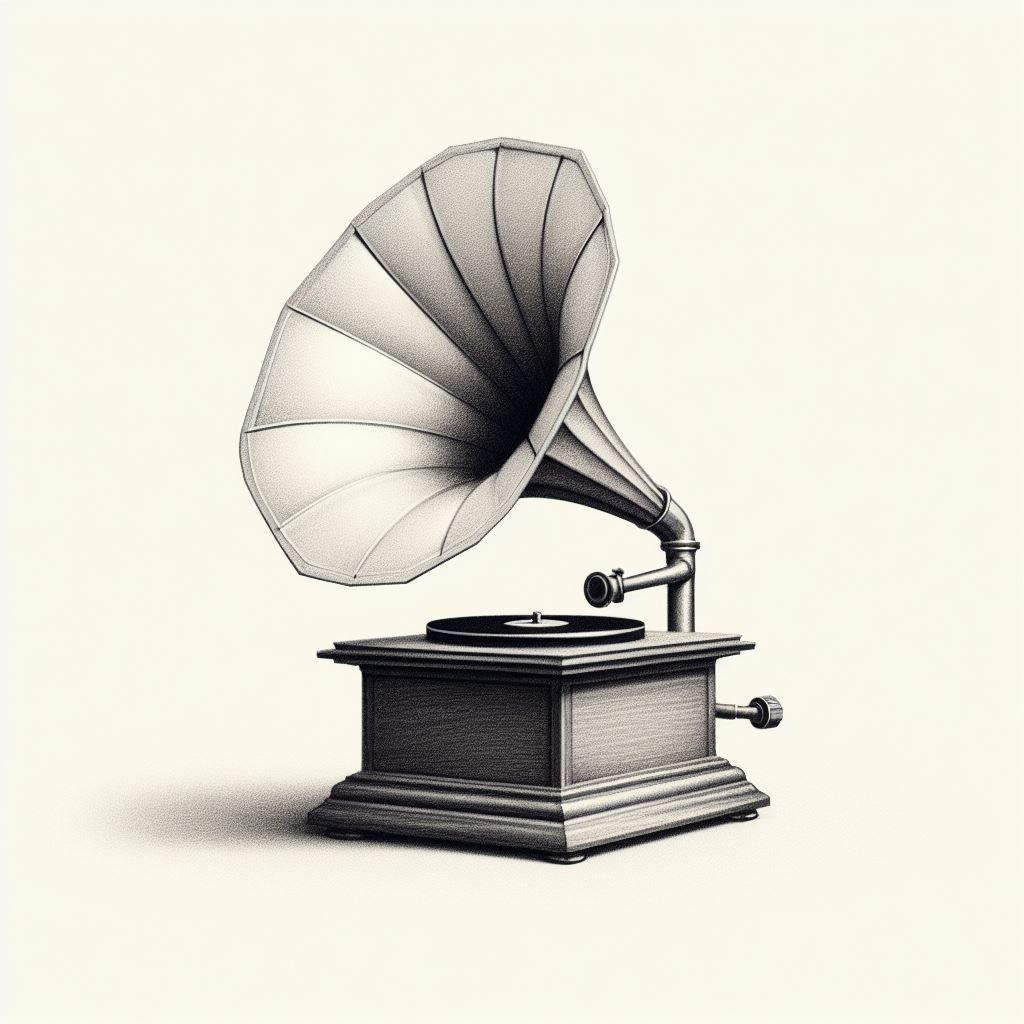 A very super minimalistic image of a phonograph. The background of the image should be pure white to emphasize the simplicity and minimalism of the artwork. The pencil strokes should be fine and detailed.