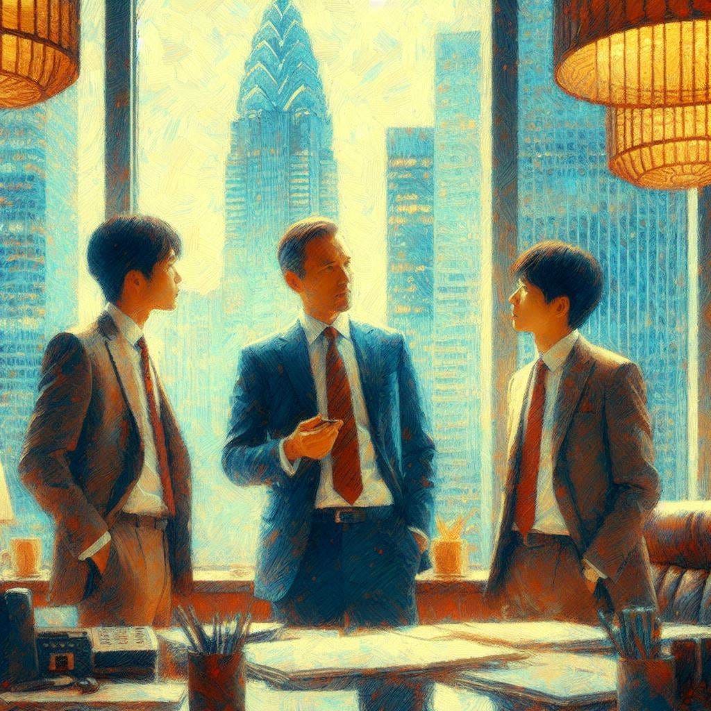 A tall male executive in a suit and tie gives directions to two male office workers wearing ties. Office interior. Impressionist style.