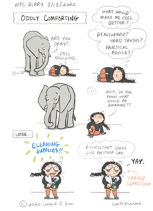 sketchbook diary: oddly comforting comics, humor, comic strip, diary, sketchbook, comic, illustration, connie sun, cartoonconnie, coronavirus outbreak, pandemic, nyc