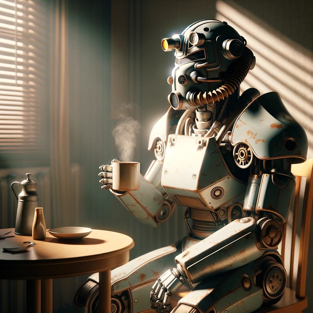 A robot in a retro-futuristic, Fallout-style design sitting at a small table in the morning light, sipping coffee from a mug. The robot has a humanoid appearance with visible gears and metallic plating, embodying the aesthetic of mid-20th century sci-fi. The setting is cozy, with morning sunlight casting soft shadows, suggesting a peaceful start to the day. The robot appears relaxed, with a coffee mug held in one hand, conveying a sense of tranquility amidst the retro-futuristic surroundings.