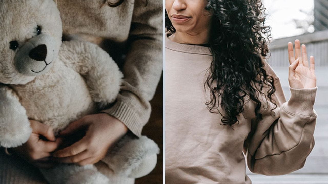 Girl holding Teddy Bear, woman holding up hand to set social boundary