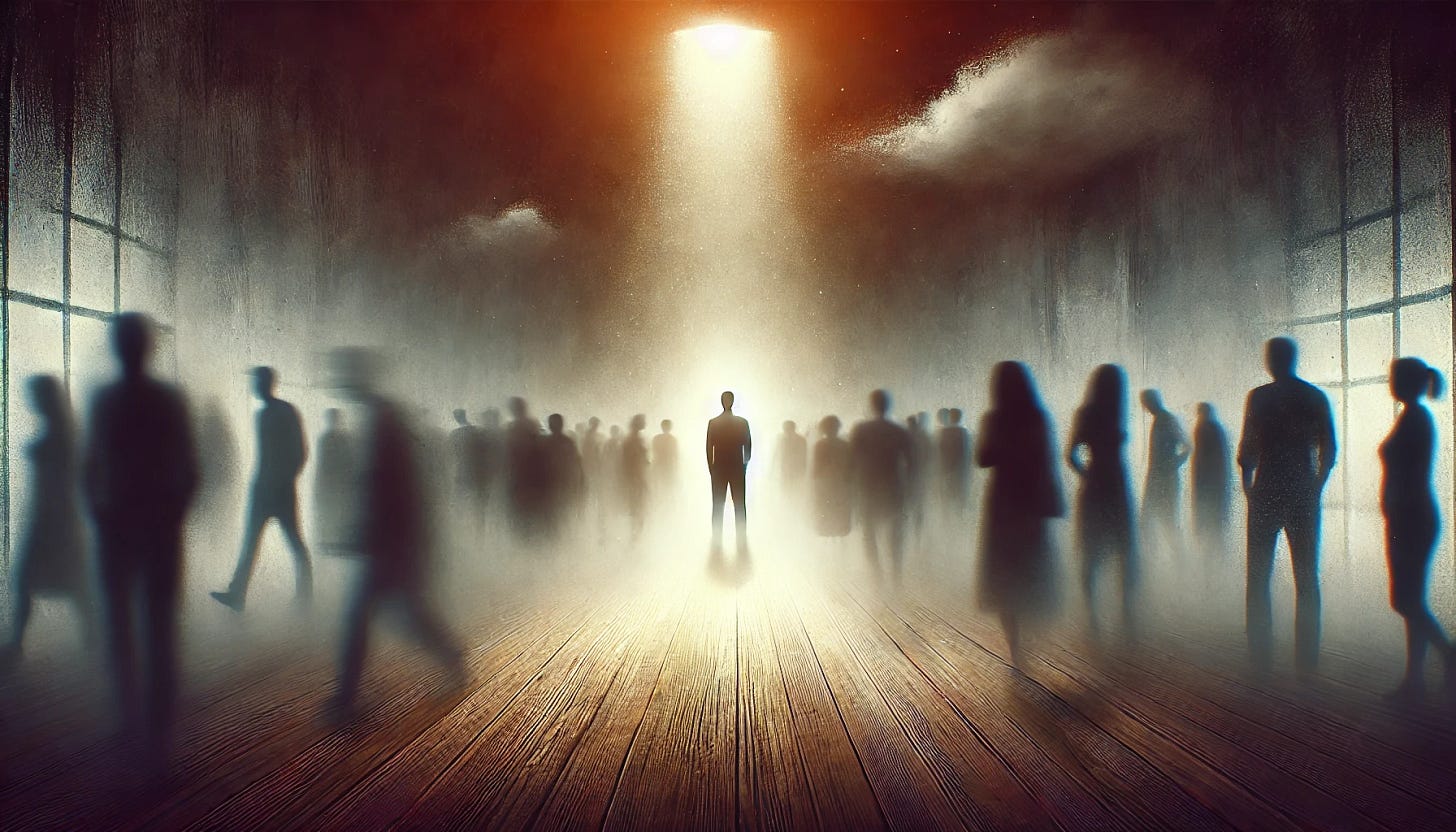 A wide banner image symbolizing the pain of dismissive behavior: a lone figure standing in the center of a shadowy room, surrounded by faint, ghostly outlines of people turning away or fading into the background, symbolizing being ignored and dismissed. The figure is illuminated by a soft, warm light above, symbolizing hope and self-worth, despite the isolation. The atmosphere is somber yet reflective, with muted tones and a gradient transitioning to soft light on the edges to convey a sense of resilience and potential healing. The composition is panoramic, ideal for a banner.