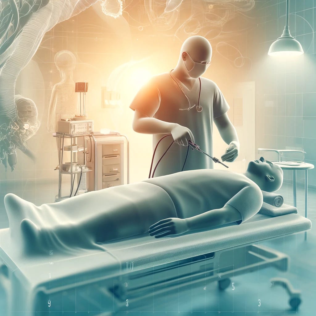An abstract illustration of a medical scenario where a healthcare professional is preparing a patient for a gastrointestinal endoscopy procedure. The scene is set in a calm, professional medical environment, with the healthcare professional wearing scrubs and holding an endoscope, while the patient is lying on an examination table. The atmosphere is reassuring, emphasizing safety and care, with soft lighting and minimal medical equipment visible. The focus is on the interaction between the patient and the healthcare professional, showcasing a moment of careful preparation and attentiveness. No text, alphabets, or numbers are present in the image.