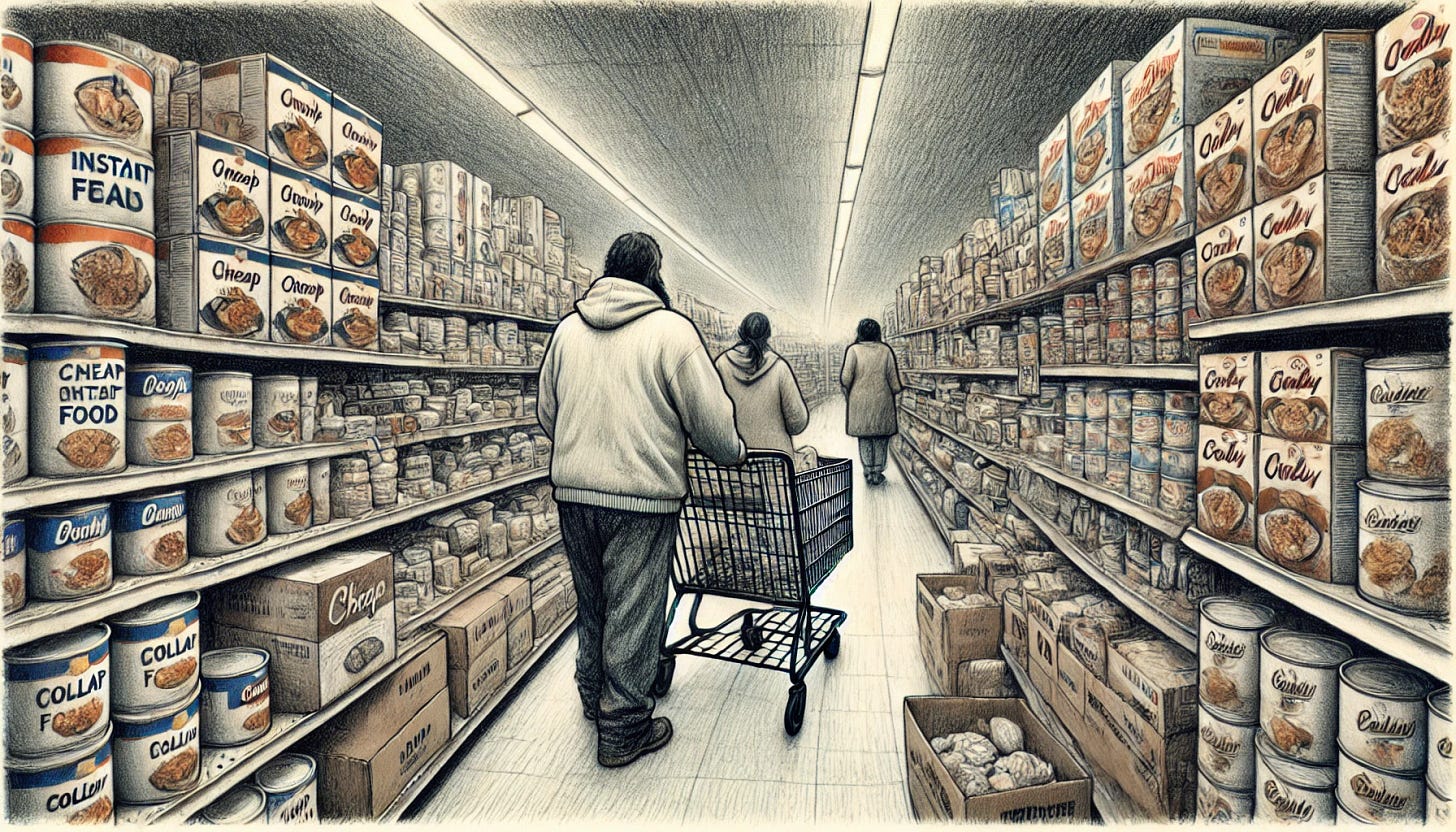 A wide, hand-drawn, pencil-style illustration using a muted color palette of greys, blues, and beiges. The scene shows a family shopping for cheap, packaged food inside a dollar store. The family wears simple, casual clothing and pushes a worn shopping cart filled with instant meals, canned goods, and processed snacks. The dollar store shelves are sparsely stocked with low-cost items. The atmosphere is subdued and somber, reflecting economic hardship. The style is detailed and textured, resembling traditional pencil sketching with soft shading and natural linework. The wide format captures multiple aisles and a sense of quiet struggle within the store.