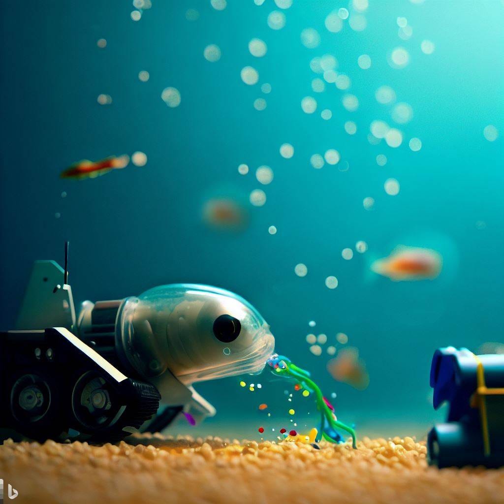 small robots cleaning microplastics from the ocean and helping fish