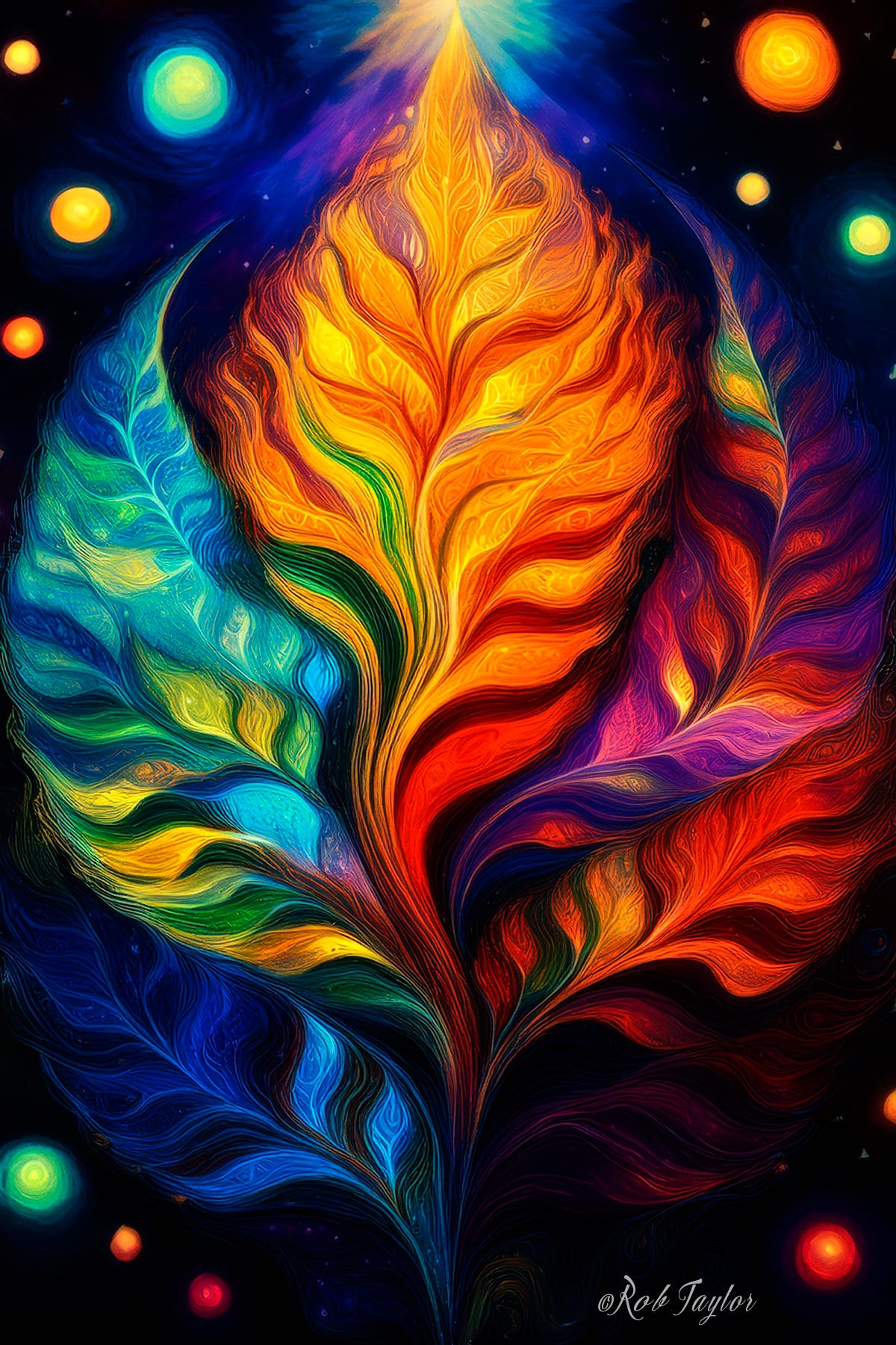 Vivid, abstract artwork of vibrant, flowing leaves in blue, green, and fiery orange hues, symbolizing the transformative energy of humility and expanded consciousness.