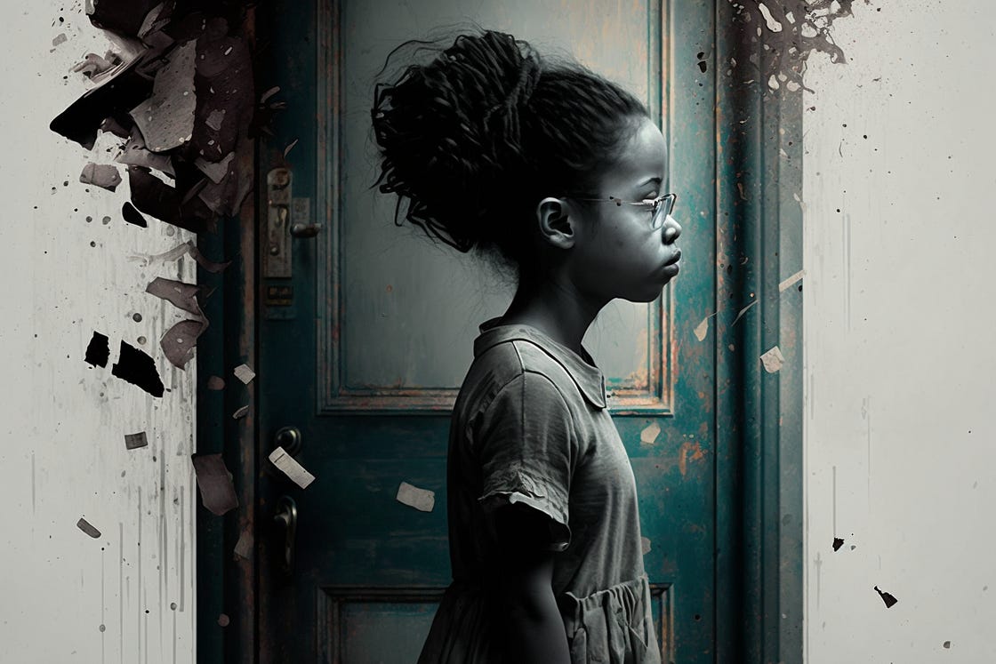 AI generated art/image prompt by author: She, a black girl, in front of a closed door.