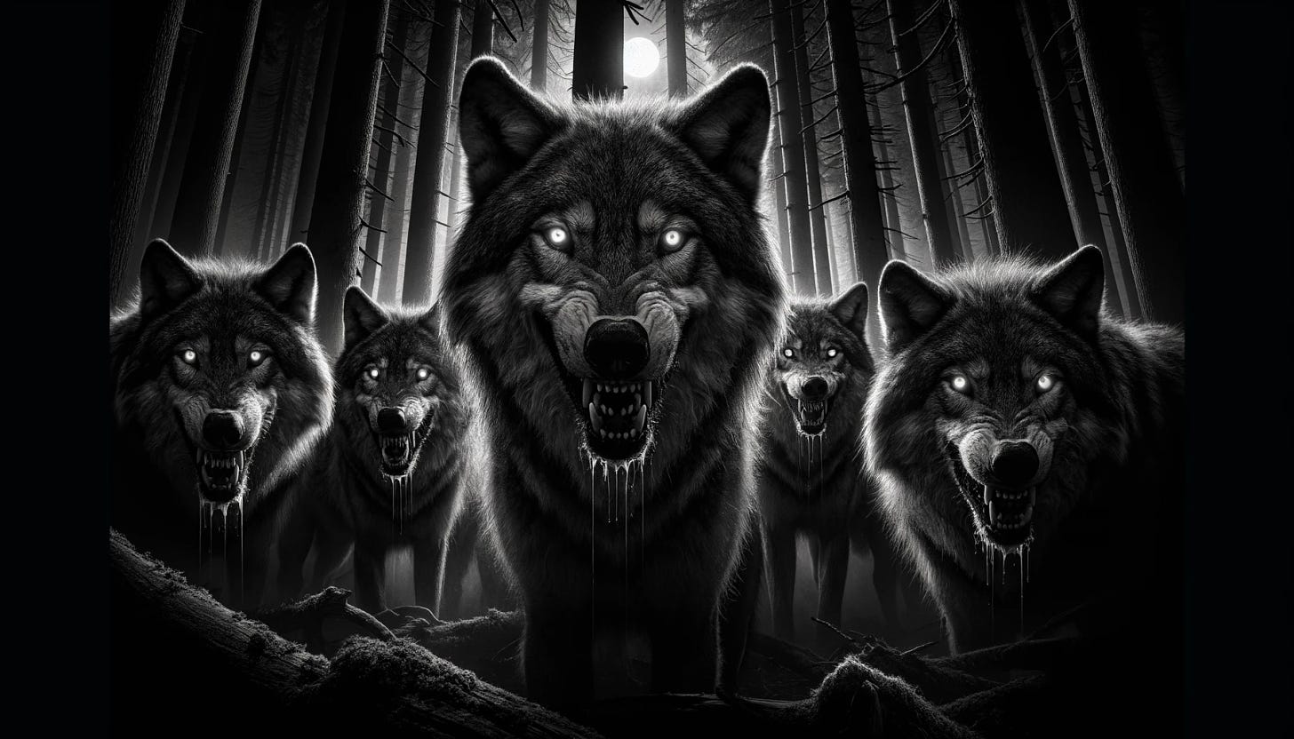 A pack of menacing timber wolves in a dark, eerie forest, captured in a wide, landscape orientation. This black and white image emphasizes the dramatic contrast between the light of the moon and the dark shadows of the trees. The wolves' eyes are glowing subtly, their fur bristled, and mouths open, revealing sharp teeth dripping with saliva. The composition of the scene, with wolves surrounding the viewer and the moon casting long shadows, creates a sinister and threatening atmosphere, highlighting the danger these creatures represent.