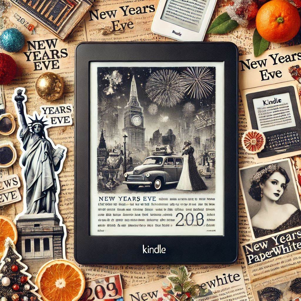 a scrapbook style collage of newspaper and magazine clippings featuring new years eve celebrations and kindle paperwhite e-readers
