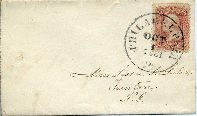 1861 envelope not carried by Philadelphia carrier