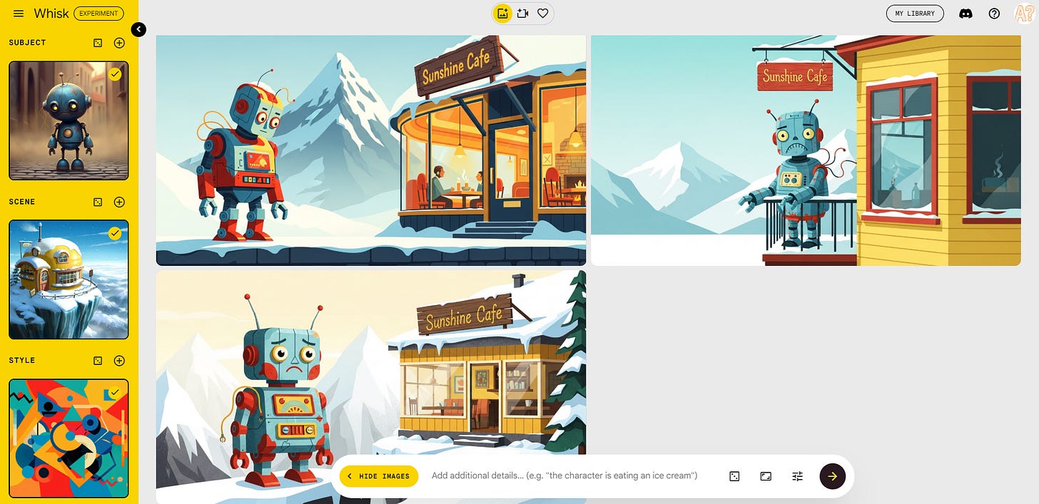 A grid of several robot images based on subject, scene, and style references in Whisk