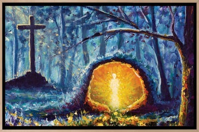 A painting of Jesus's tomb with the cross behind it. The tomb is glowing with Jesus's form silhouetted in front of it and the cross stands against a darker blue backdrop.