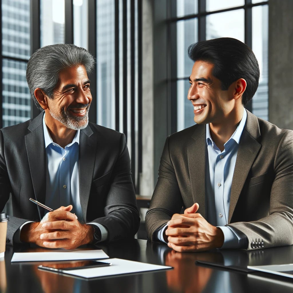 A warm and friendly meeting between two professional men in a modern office setting, embodying a sense of camaraderie and mutual respect. They are of South Asian and Southeast Asian descent, dressed in smart business attire. One man is slightly older, with gray hair, and the other is middle-aged with black hair. They are sitting across from each other at a sleek conference table, smiling and engaged in a relaxed conversation, with laptops and coffee cups in front of them. The background is stylish with large windows showing a cityscape.