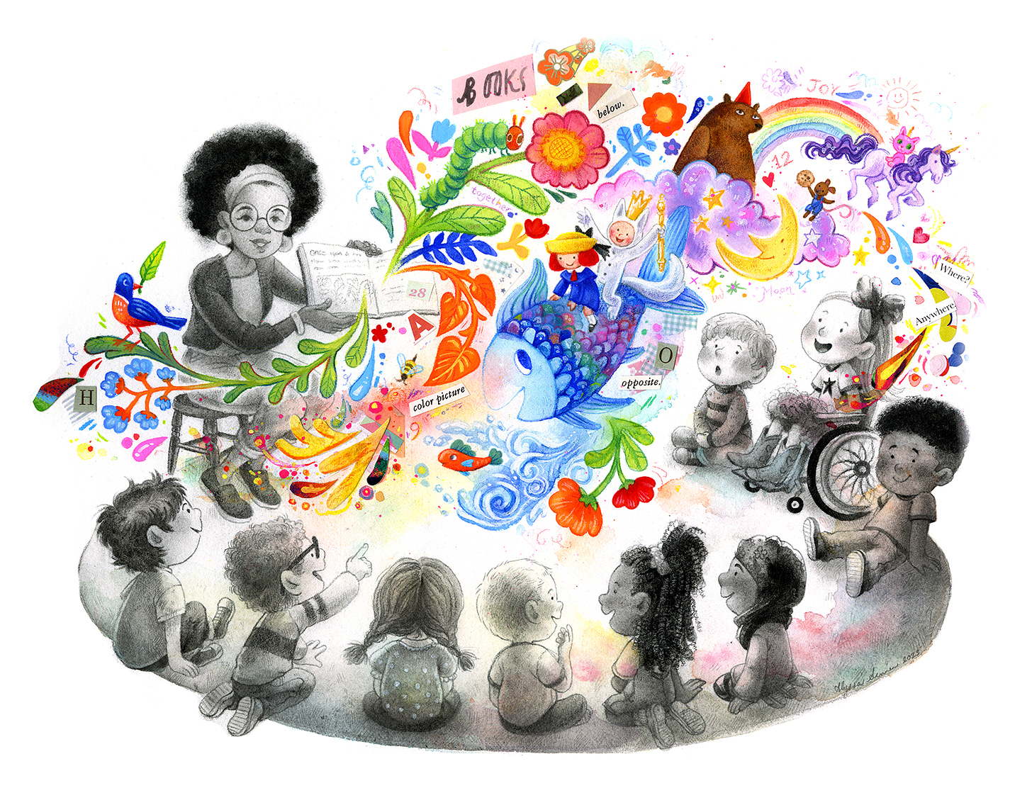 A mixed media illustration by Alyssa Sinnen, depicting a black teacher reading to her class. The figures are rendered in black and white. The book the teacher is holding bursts with color and fanciful imagery. Classic picture book characters come forth, like the Very Hungry Caterpillar, Rainbow Fish, Madeline, and Max. Contemporary characters are also present, including Bear from I Want My Hat Back, and Itty Bitty Kitty-Corn.