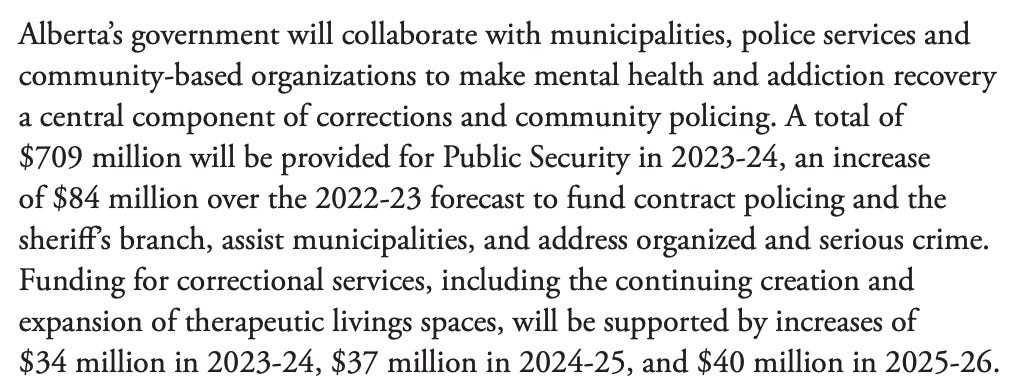 Alberta’s government will collaborate with municipalities, police services and community-based organizations to make mental health and addiction recovery a central component of corrections and community policing. A total of $709 million will be provided for Public Security in 2023-24, an increase of $84 million over the 2022-23 forecast to fund contract policing and the sheriff’s branch, assist municipalities, and address organized and serious crime. Funding for correctional services, including the continuing creation and expansion of therapeutic livings spaces, will be supported by increases of $34 million in 2023-24, $37 million in 2024-25, and $40 million in 2025-26.