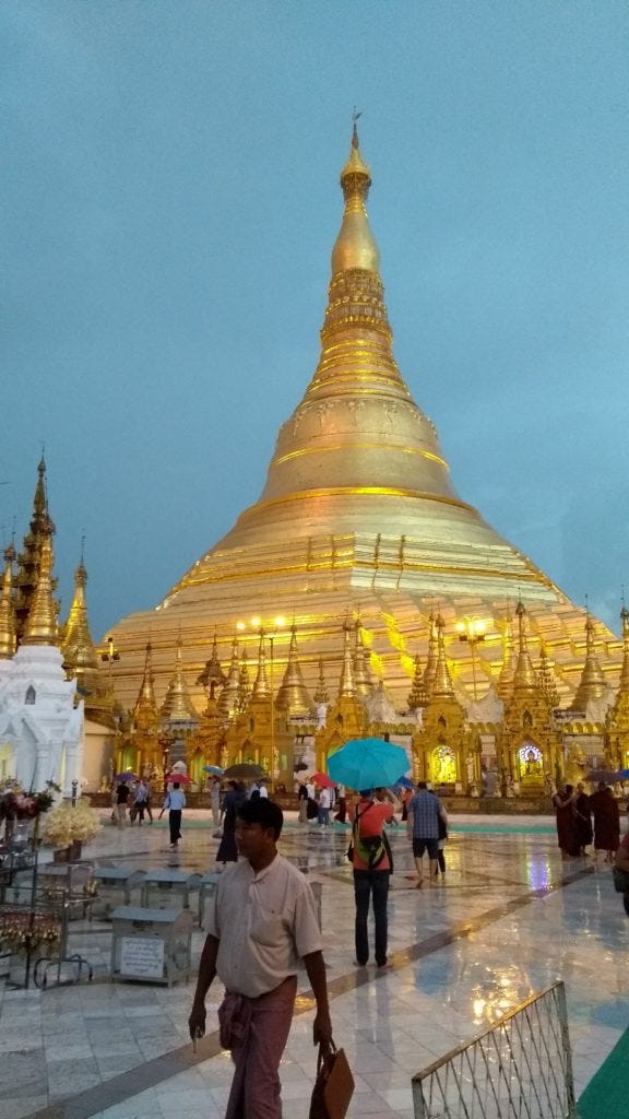 The main pagoda, gleaming as sun sets