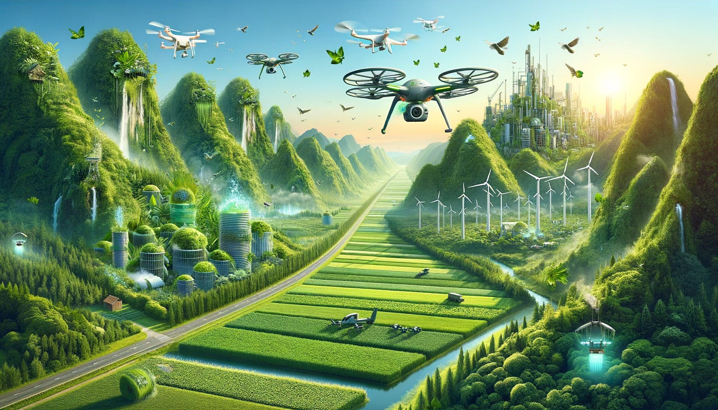 Create an image in a 5:3 format that illustrates the balance between advanced technology and nature, symbolizing a green and sustainable future. Envision a scene where high-tech devices, like drones and AI-driven machinery, coexist and assist in the enhancement of natural landscapes. The image should reflect a symbiotic relationship, with technology being used to support ecological health. Visualize lush greenery, vibrant ecosystems, and state-of-the-art technology working together in harmony, creating an idyllic and sustainable environment.