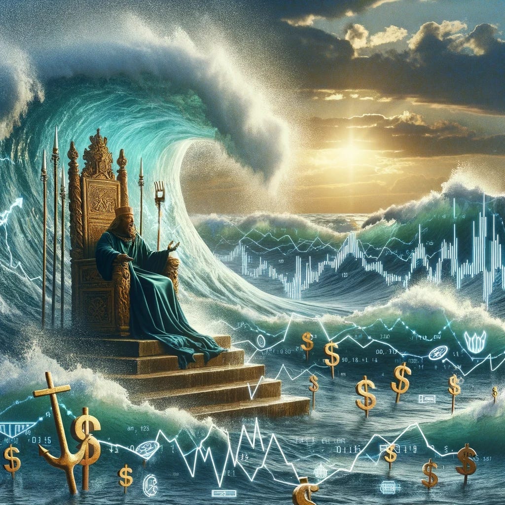 Recreate the scene with King Canute from Henry of Huntingdon's story, where Canute sits on a majestic throne by the ocean, attempting to command the tides. This time, include a detailed portrayal of Canute with a regal, English facial appearance, showing his commanding presence. The waves, artistically infused with financial market symbols like dollar signs, stock market graphs, and trading symbols, shimmer with the essence of a bustling financial market. This merges the ancient story with modern finance, set in an ancient, regal environment with modern financial elements.