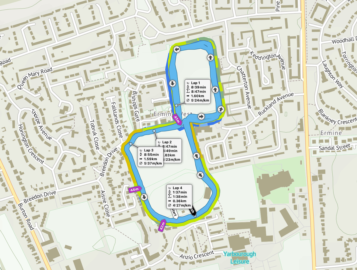 Map of a parkrun route with four color-coded laps around a suburban park area, detailed with time and distance markers for each segment and surrounded by labeled streets.