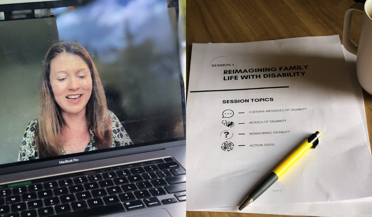 graphic with two photos, one of which is a photo of a laptop on a table outside with Amy Julia talking on the screen and one of which is a page of the Reimagining Family Life with Disability workshop workbook with a yellow pen on top next to a white mug