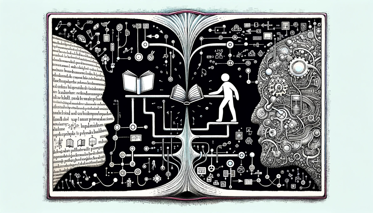 image of a book laid open with one face made out of words on the left and one face made out of symbolic structures on the right, with the image of a person walking between them