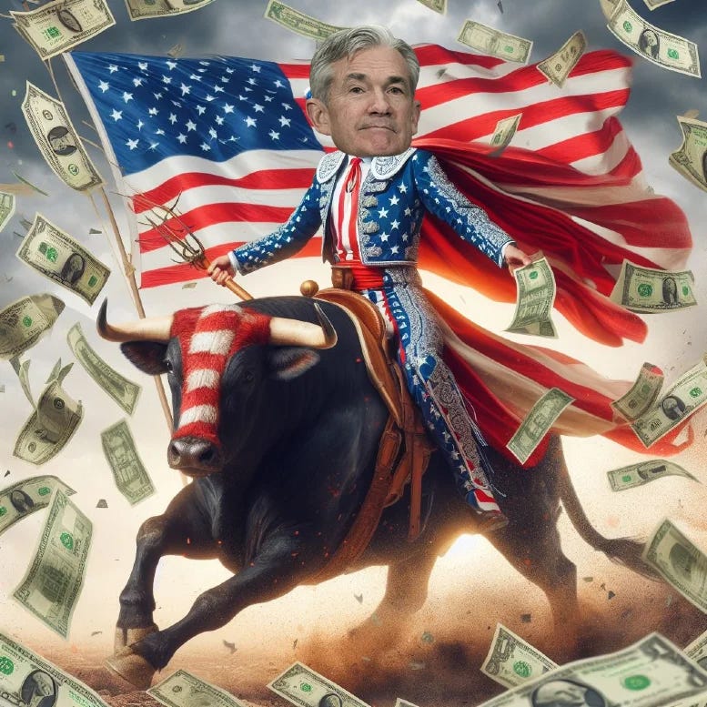 Jerome Powell in all-American livery riding a bull with cash bills falling from the sky.