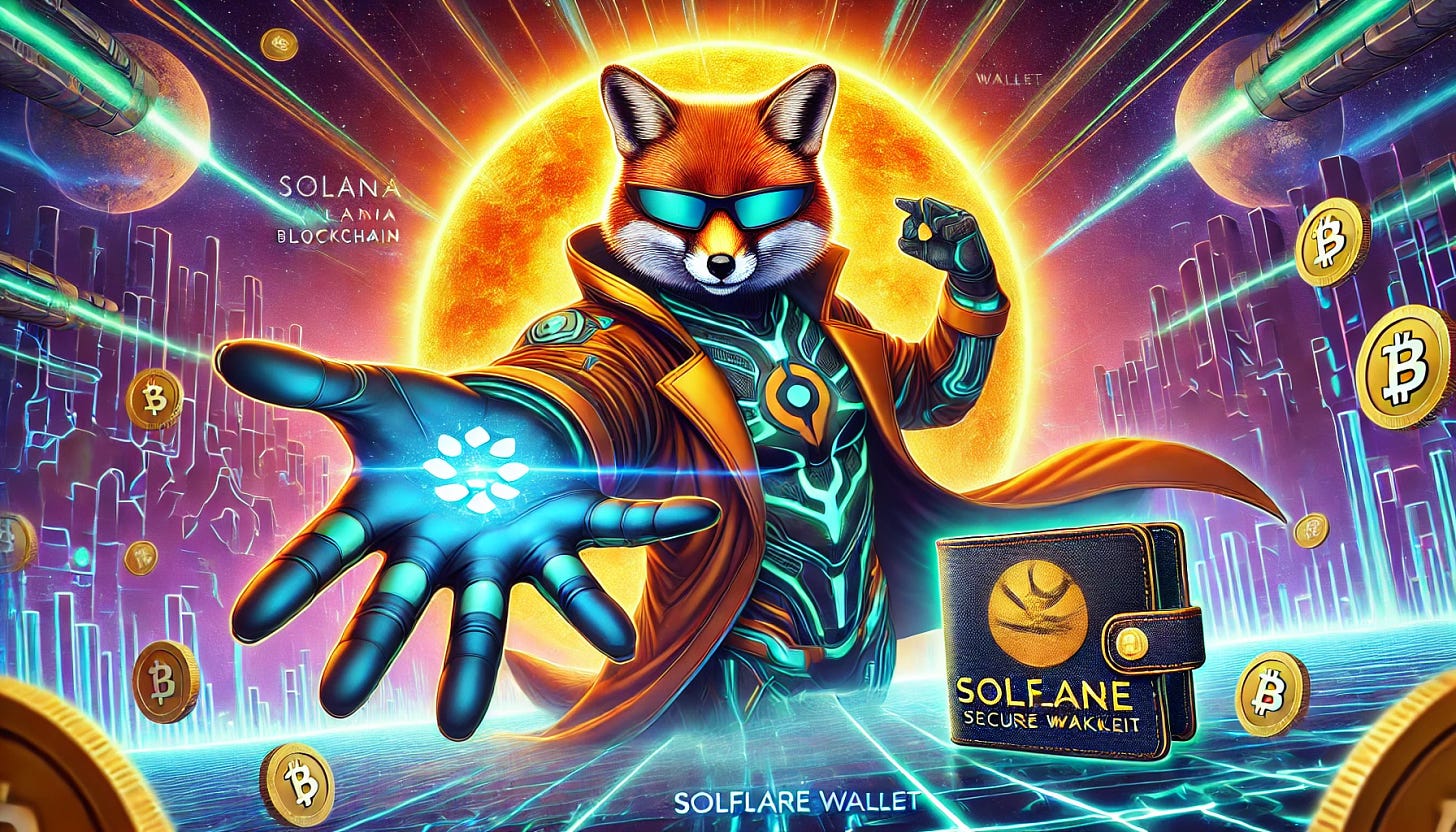 A hyperrealistic banner featuring a frog snapping its fingers, causing a fox to appear dressed as a superhero, with a futuristic suit inspired by the Solana blockchain. The Solflare wallet logo for Solana is clearly visible in the scene, representing secure cryptocurrency storage. The banner has a dynamic and high-tech atmosphere with intricate details, such as the fox's superhero outfit glowing with Solana-themed patterns. The scene includes bold colors, vibrant energy, and a sleek modern design, making it visually impressive and exciting.