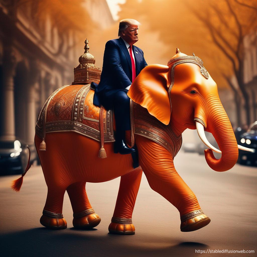 An image of Donald Trump riding an orange elephant that was created using Stable Diffusion AI by Kimberly Keyes.