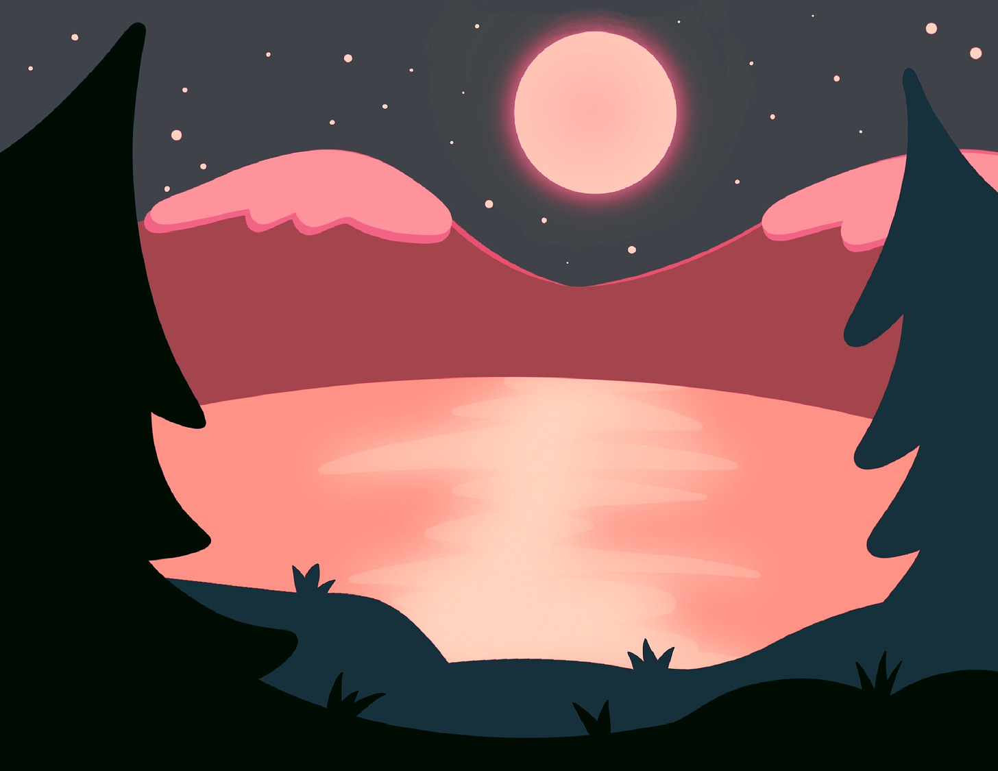 A drawing of a lake in a forest with a mountain in the background lit my a moon