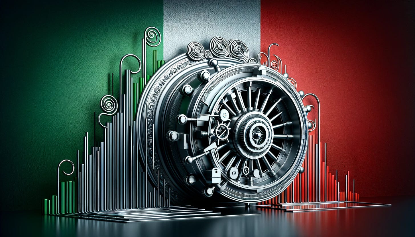 A modern, sleek financial concept representing the stability of Italian banks, without any text. The image features a large, secure, and traditional vault door in the foreground, symbolizing financial security. The background showcases the iconic Italian flag colors, elegantly blended in a sophisticated pattern. The overall design conveys a strong, stable, and prosperous banking sector in Italy, focusing on imagery that suggests financial robustness and reliability.