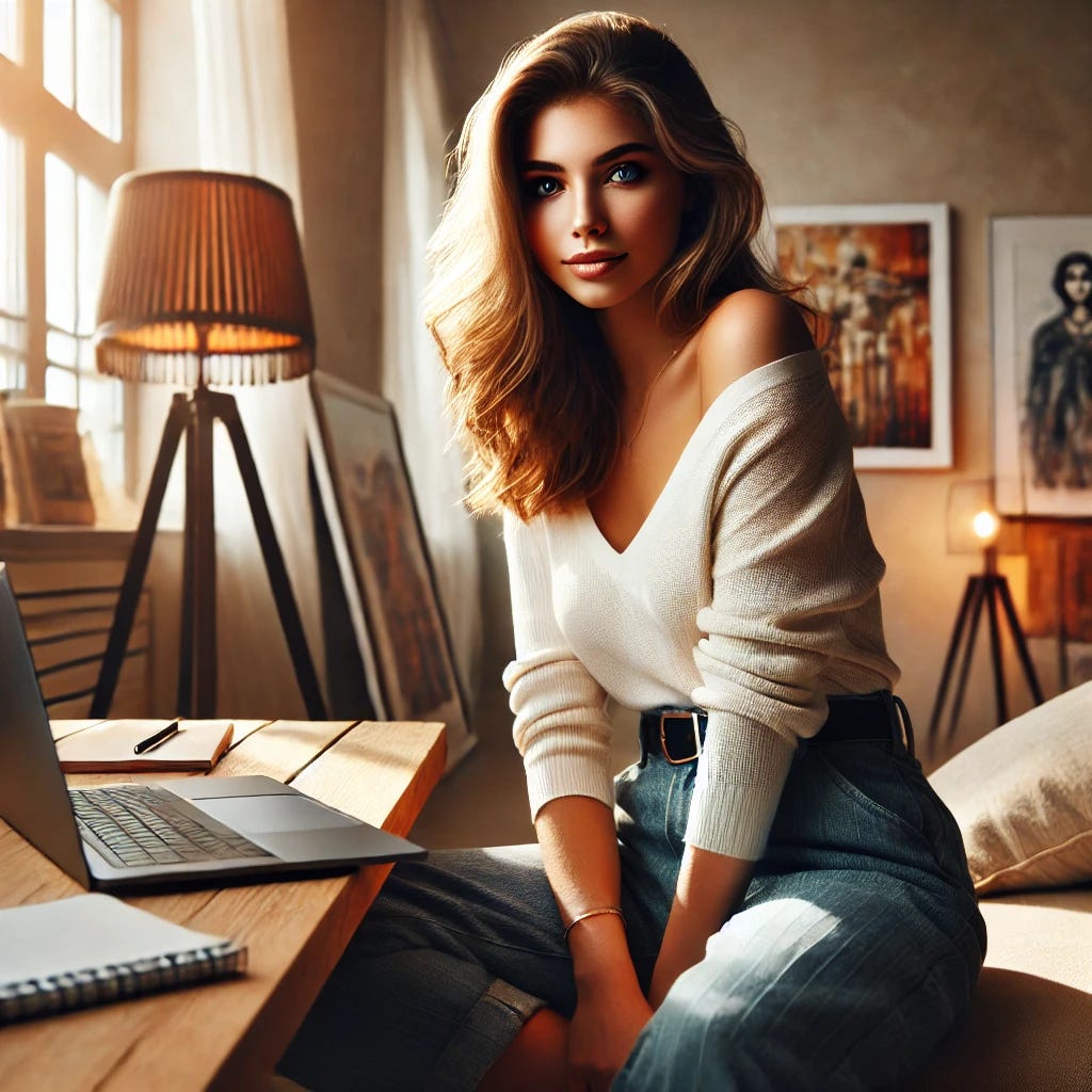 A captivating photo setup featuring a young woman sitting in a cozy, well-lit room with natural lighting. She is casually working on her laptop, representing intellectual work (like writing or creating content). In the background, there is artwork displayed on the wall, hinting at her artistic interests. The young woman is dressed stylishly in a casual, confident, and approachable manner, with a subtle smile. The scene is warm, inviting, and creative, balancing professionalism and personal flair.