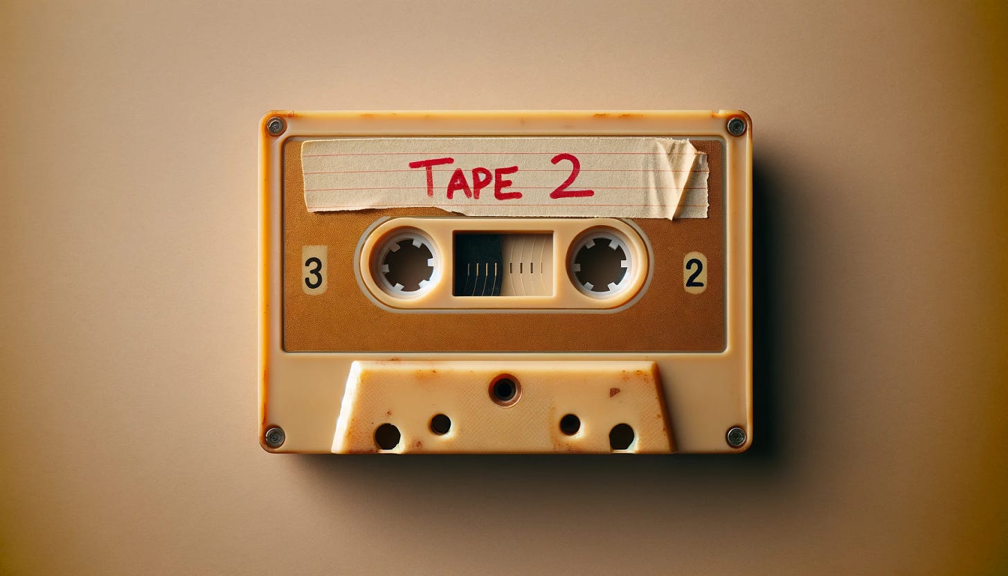 A vintage 8-track cassette cartridge from 1974, in a 3:2 aspect ratio. The cartridge is beige, showing signs of aging with a yellowed appearance. It features a piece of masking tape on it, upon which "Tape 2" is handwritten in red marker. The cartridge exhibits a classic, worn look, typical of objects from that era.