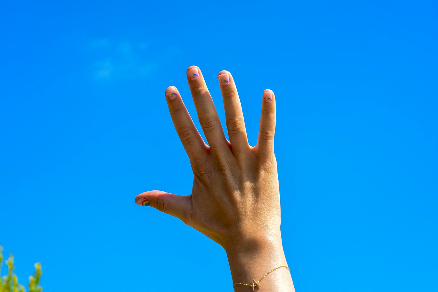 Cielo azzurro con una puntina di pianta verde nell'angolino in basso a sinistra. In primo piano spunta una mano destra con bandiera arcobaleno disegnata su ogni unghia e un braccialetto con la lettera A al polso.