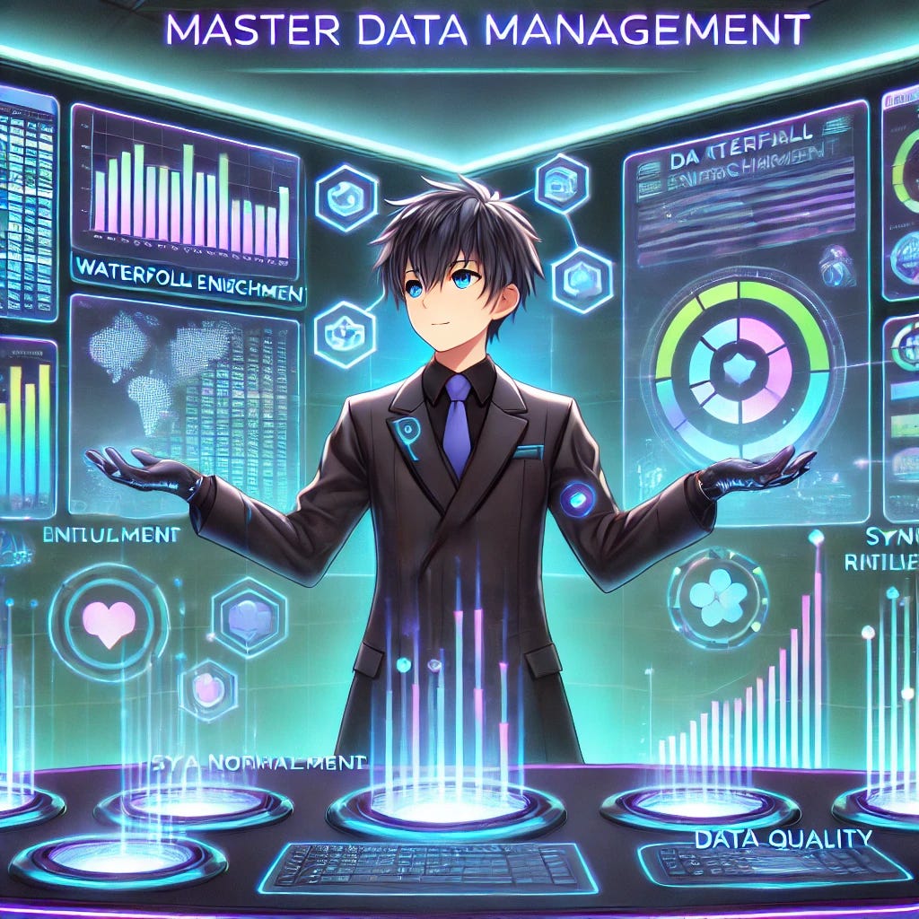 An anime-style illustration of Master Data Management represented visually. The scene depicts a futuristic data control room with glowing holographic screens displaying data streams, charts, and graphs. A central anime-style character, a young professional with a confident stance, manages these streams with high-tech gloves, symbolizing control and organization. Around the character, glowing data elements form a structured flow, representing key concepts like Waterfall Enrichment, Data Normalization, Sync Intervals, and Data Quality Resolution. The atmosphere is sleek and modern, with vibrant neon blues and greens dominating the color scheme, emphasizing a digital, technological theme. No text or words present in the image.