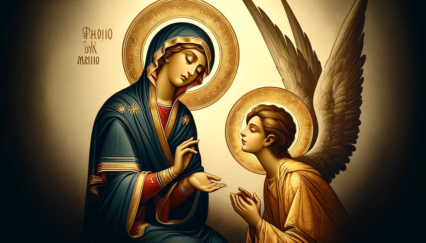 Create an iconographic header image for a blog post titled 'The Quiet Apocalypse.' The image should depict the biblical Annunciation with Mary and the Angel Gabriel in a traditional iconographic style. Mary, shown with a serene and humble expression, receives the divine message from Gabriel. Use rich, symbolic colors and gold accents typical of religious icons. Surround them with a halo or soft, divine glow to emphasize their sacred nature. Include subtle elements that reflect themes of faith, silence, solitude, and inner transformation, set against a simple, symbolic background.