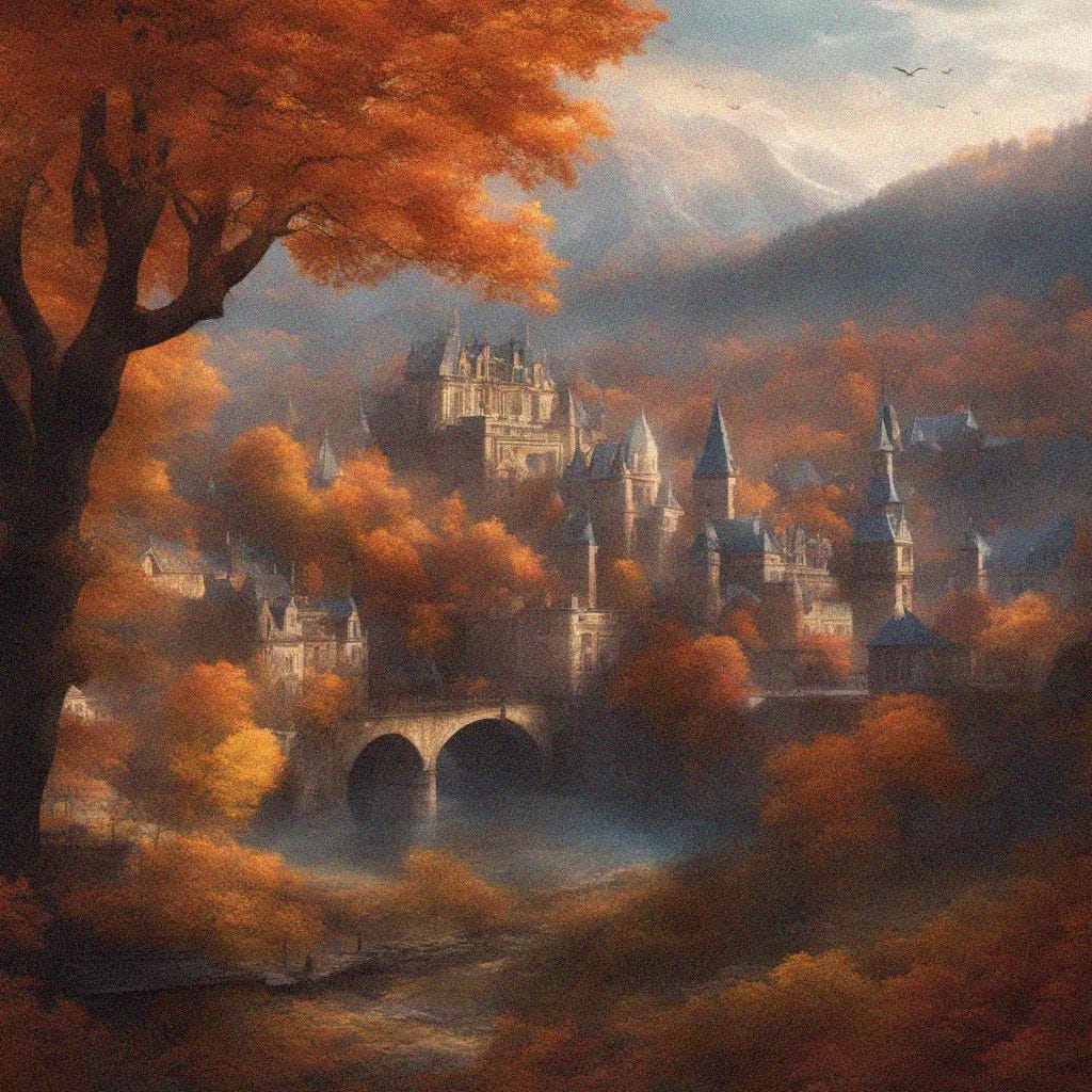 AI generated image of a landscape in soft sunlight with a European medieval village on a hillside with autumnal trees and a stone bridge over a river