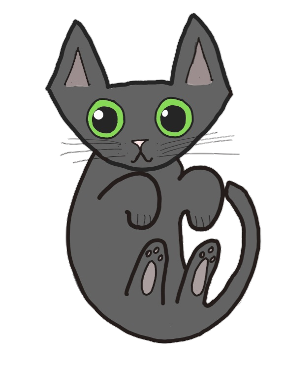 my drawing of a happy black cat with green eyes