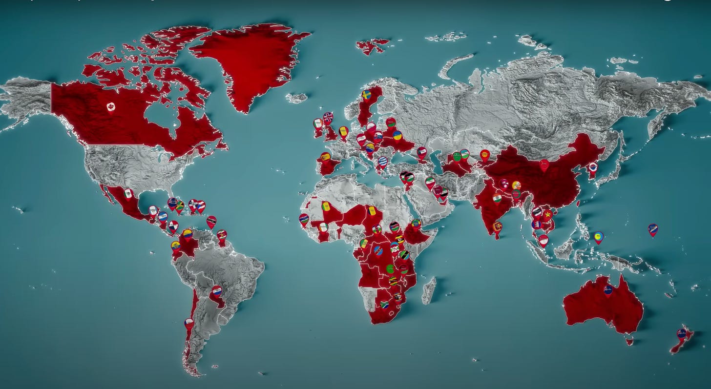 A map from early in the MrBeast video when he starts eliminating countries. 