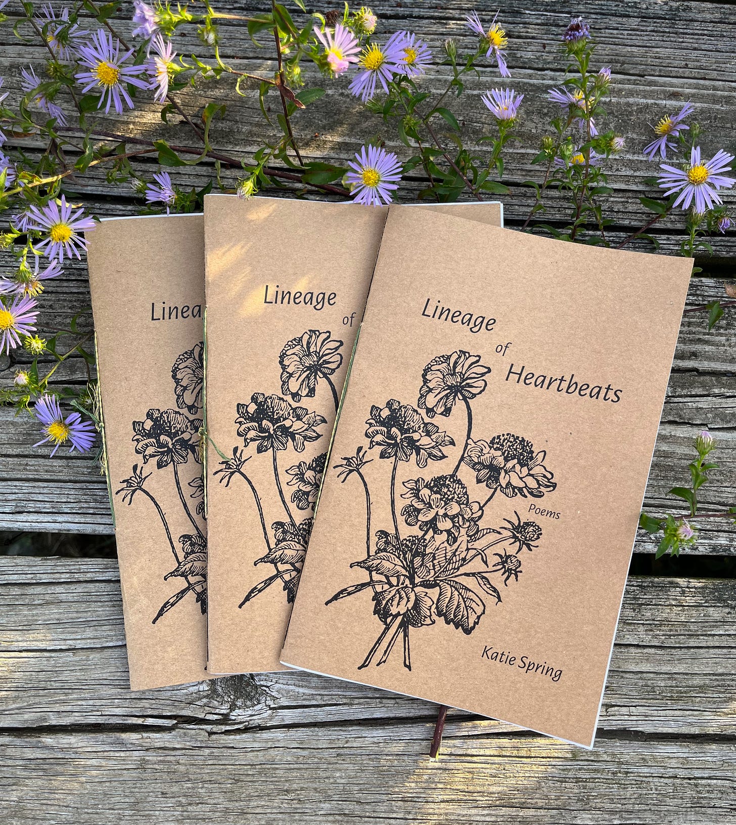 Three copies of a poetry chapbook titled "Lineage of Heartbeats" on a faded wooden picnic table, framed by light purple asters