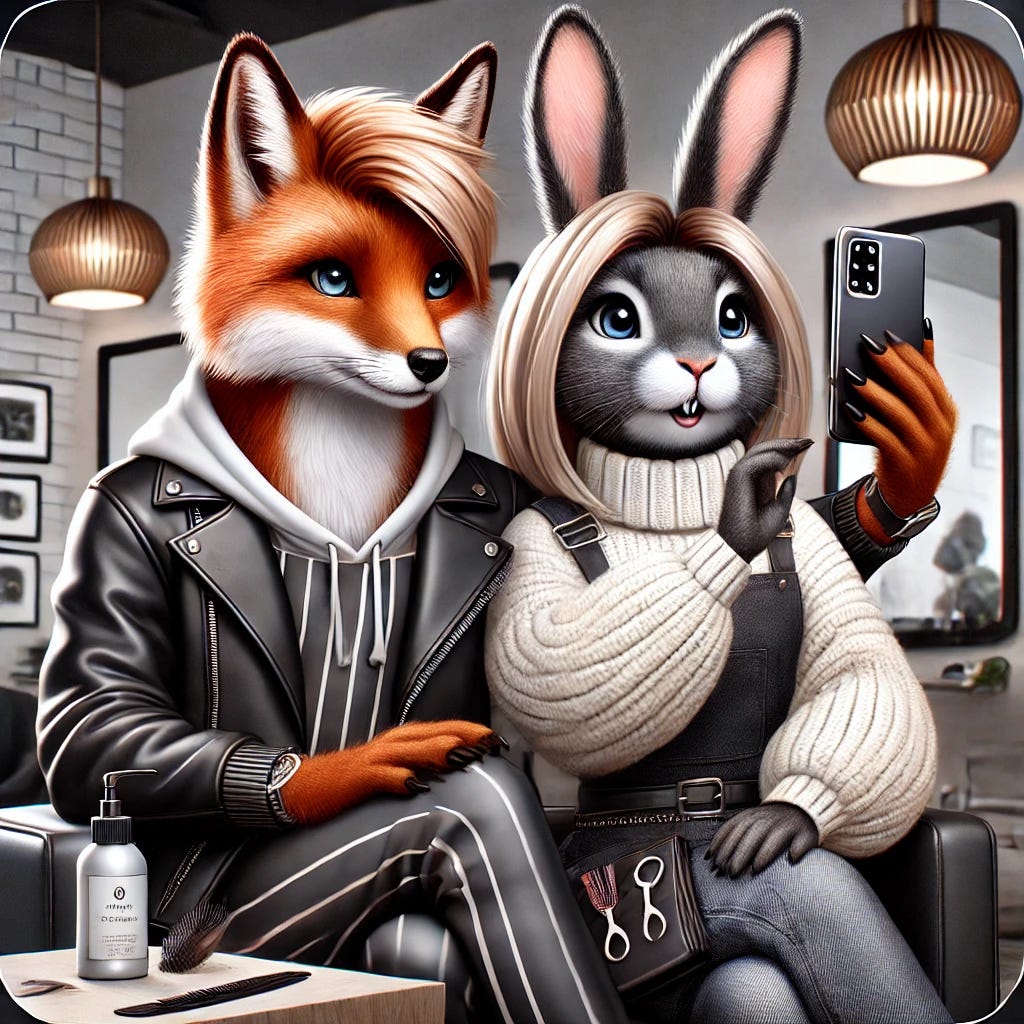 A stylish and modern illustration of two fashionable animal-themed avatars representing hairdressers. One is a chic fox with sleek fur, wearing a trendy leather jacket over a stylish apron, and the other is a fashionable rabbit with well-groomed fluffy fur, wearing a modern oversized sweater with a hair clip and a comb behind its ear. They are sitting closely together, holding one phone between them, staring intently at images on the screen. Their expressions show curiosity and excitement as they discuss the pictures. The background is a sleek, contemporary salon with modern decor and stylish hairdressing tools subtly placed around.