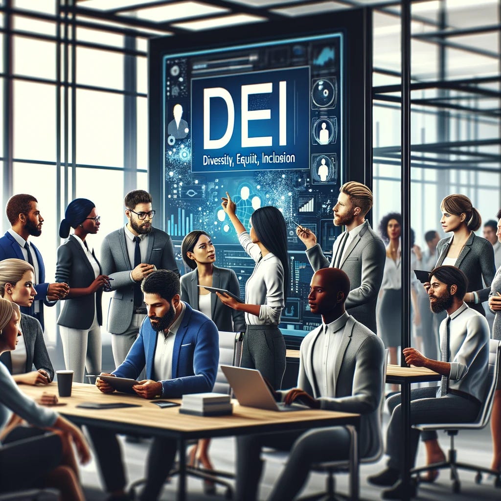 Create a more realistic and close-up illustration of a diverse workforce in a high-tech company setting, focusing on a smaller group of individuals. Include a large banner in the background that prominently displays the acronym 'DEI' (Diversity, Equity, Inclusion). Show detailed expressions and attire, highlighting a range of ethnicities, genders, and ages. These individuals are engaged in a collaborative activity, such as discussing a project or reviewing data on a digital tablet. The modern office elements like a smart whiteboard, glass partitions, and high-tech equipment should be visible, but with added emphasis on the 'DEI' banner to convey a commitment to diversity, equity, and inclusion. Create a more realistic and close-up illustration of a diverse workforce in a high-tech company setting, focusing on a smaller group of individuals. Include a large banner in the background that prominently displays the acronym 'DEI' (Diversity, Equity, Inclusion). Show detailed expressions and attire, highlighting a range of ethnicities, genders, and ages. These individuals are engaged in a collaborative activity, such as discussing a project or reviewing data on a digital tablet. The modern office elements like a smart whiteboard, glass partitions, and high-tech equipment should be visible, but with added emphasis on the 'DEI' banner to convey a commitment to diversity, equity, and inclusion.