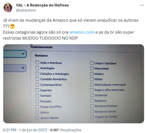 Print de tela da lista de sub-sub-categorias para Romance no KDP da Amazon, inserido em um tweet com o texto: "Já viram as mudanças da Amazon que só vieram prejudicar os autores ???🥺 Essas categorias agora são só pra http://amazon.com e as da br são super restristas MUDOU TUDOOOO NO KDP"