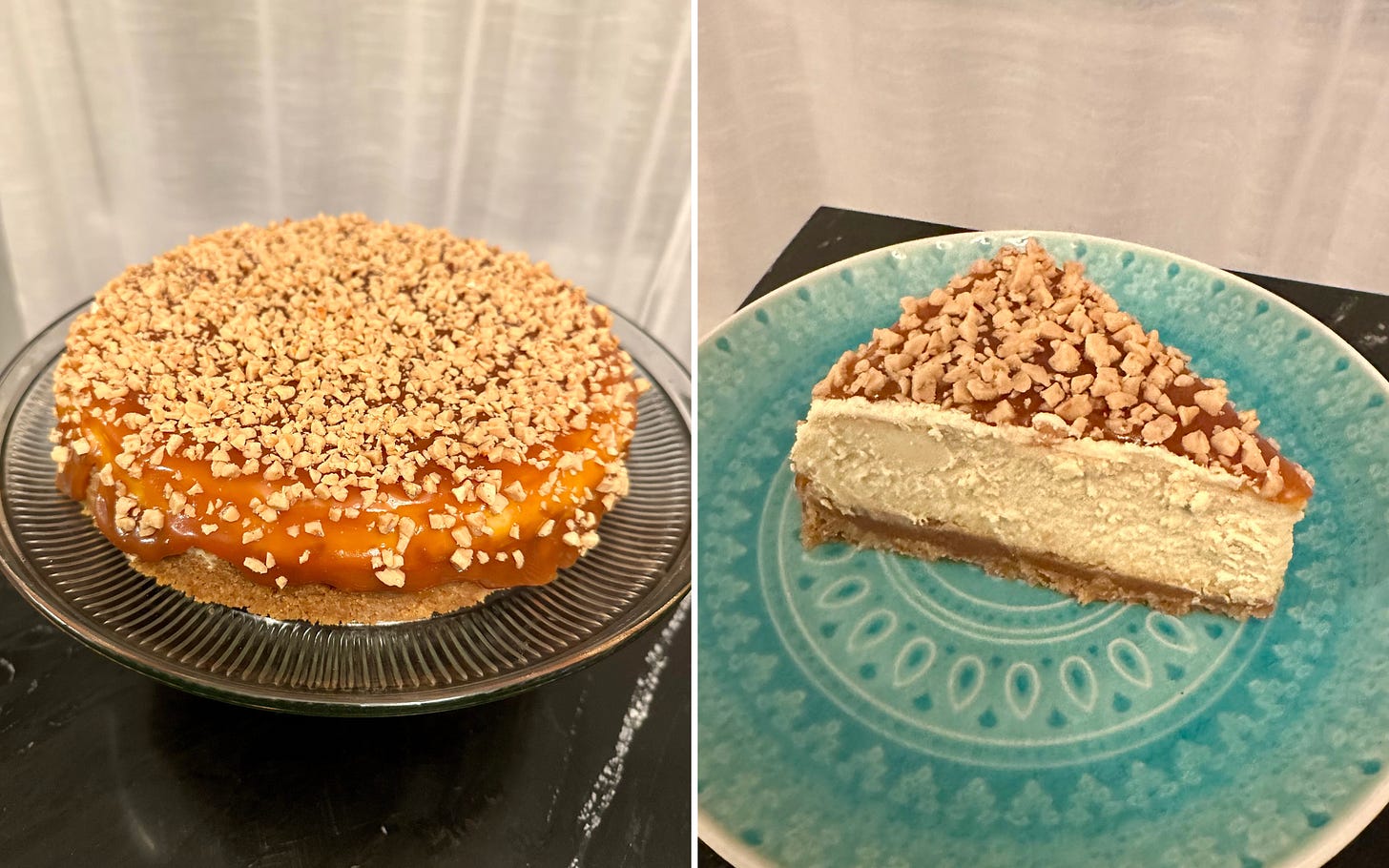 Two images of a cheesecake topped with caramel and Heath bits: a whole cheesecake on the left and a single slice on a turquoise plate on the right.