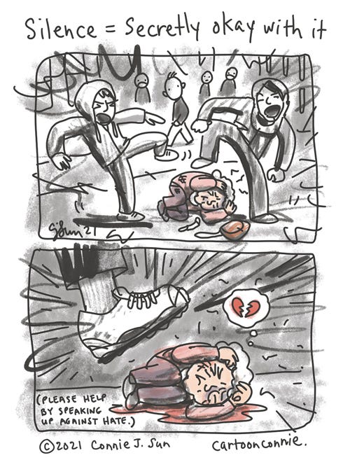 New Wave Of Violence Against Asian Americans, Page 2 Journal comic about recent violent hate crimes against Asians in America, by Connie Sun, cartoonconnie