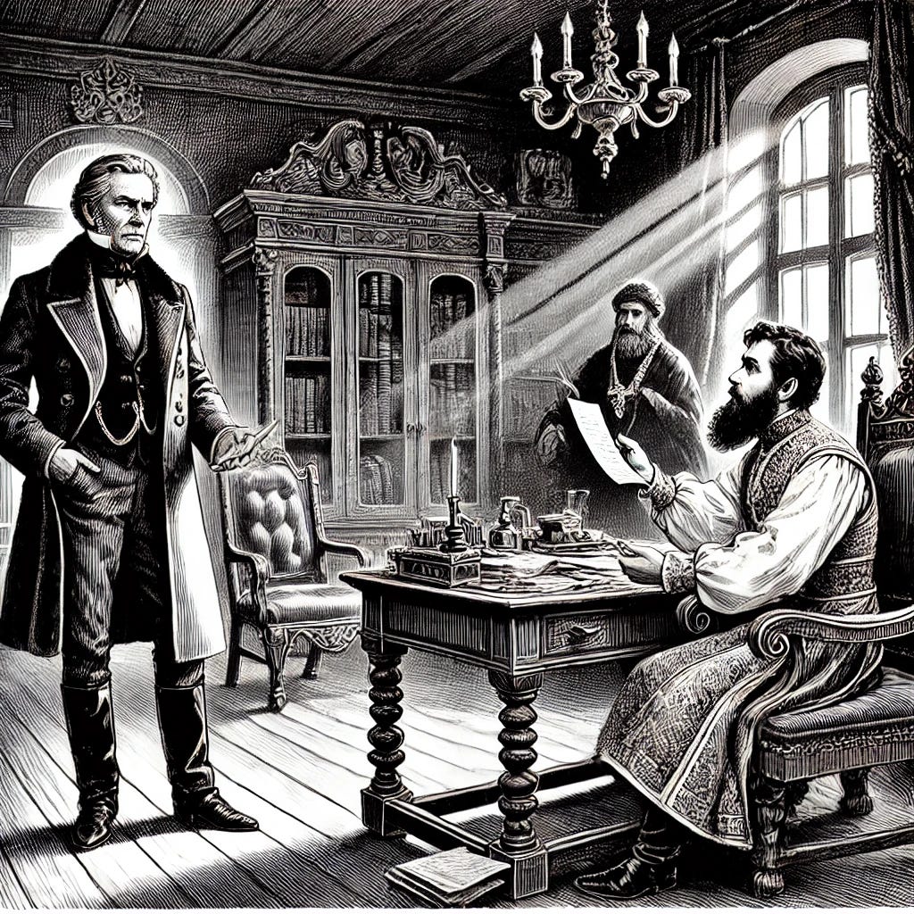 An 1800s newspaper-style illustration depicting a tense conversation in a dimly lit aristocratic study. An older Russian nobleman with a stern expression, dressed in a formal suit with a high collar, stands with a letter in hand, his posture rigid. Opposite him, a young man in elegant 19th-century attire, looking frustrated yet determined, sits near a wooden writing desk with an inkwell and papers. A bearded Orthodox priest in traditional robes stands between them, gesturing as if attempting to mediate. The room features ornate wooden furniture, a grand bookshelf, and candlelight casting long shadows. The illustration is in black and white, with fine ink-style shading to mimic historical newspaper prints.