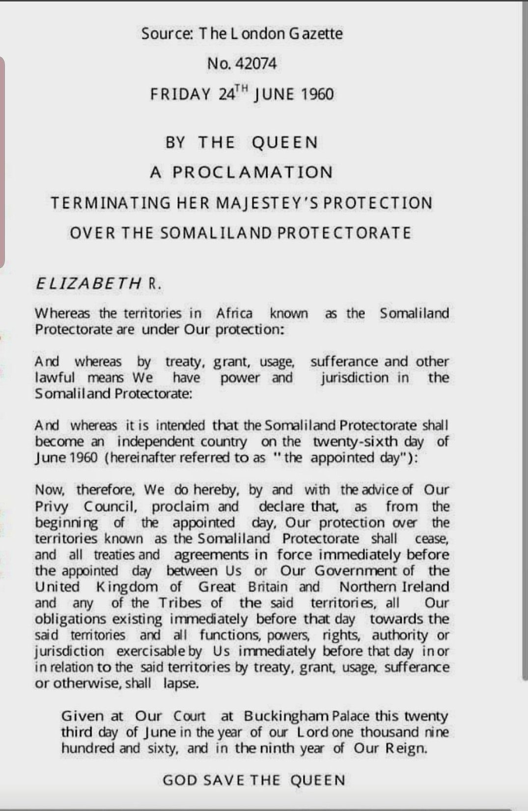 A Proclamation terminating her Majesty’s Protection over the Somaliland Protectorate